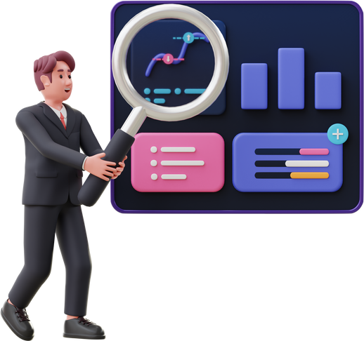 Male Employee Doing Research on Business Growth 3D Illustration